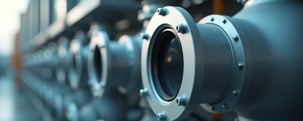 Vue réaliste d'une installation industrielle moderne avec système avancé de filtration d'air, lumière naturelle cinématographique, textures de métal et verre, profondeur de champ contrôlée.