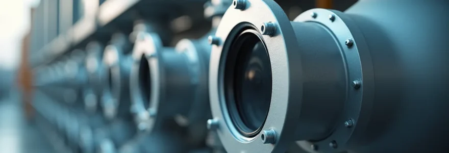 Vue réaliste d'une installation industrielle moderne avec système avancé de filtration d'air, lumière naturelle cinématographique, textures de métal et verre, profondeur de champ contrôlée.