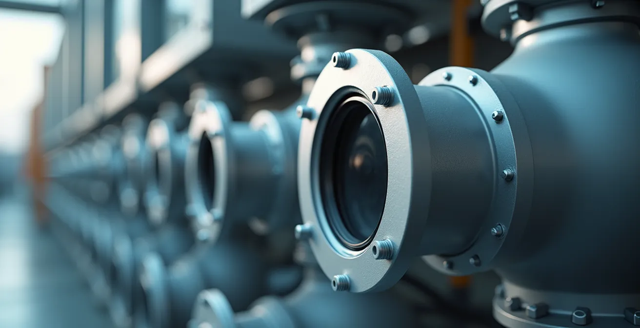 Vue réaliste d'une installation industrielle moderne avec système avancé de filtration d'air, lumière naturelle cinématographique, textures de métal et verre, profondeur de champ contrôlée.
