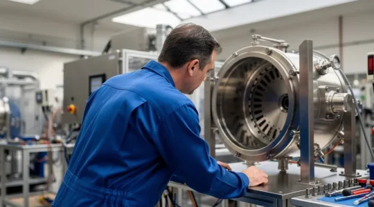 Technicien inspectant une chambre à vide ouverte dans un atelier industriel moderne