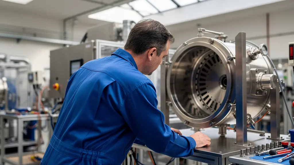 Technicien inspectant une chambre à vide ouverte dans un atelier industriel moderne