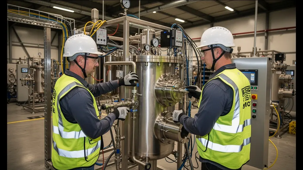 Deux techniciens installant et raccordant une chambre à vide dans un atelier industriel