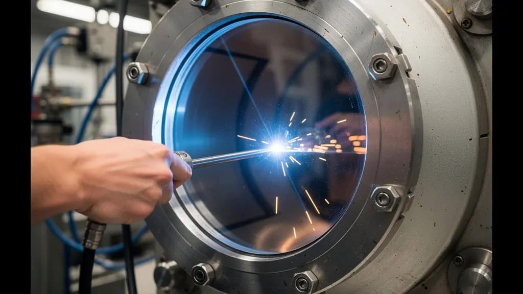 Procédé de soudage laser visible à travers le hublot d'une chambre à vide industrielle