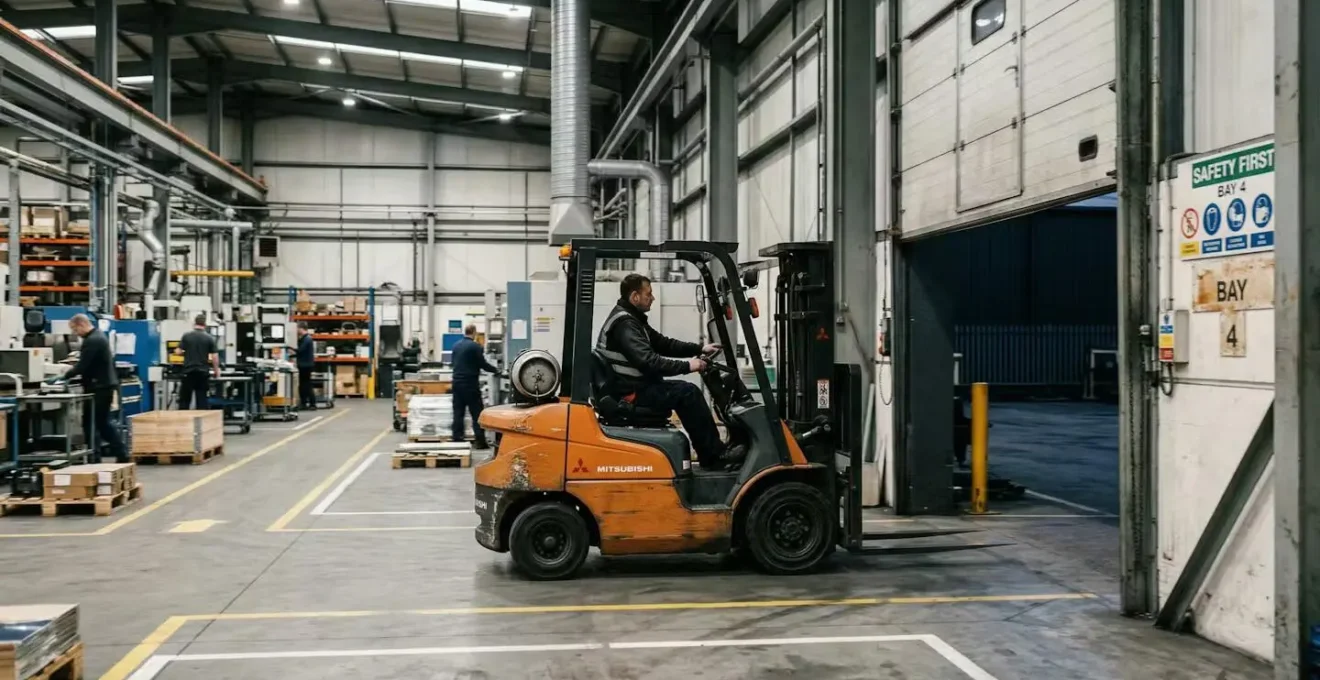 Vue d'un passage industriel avec porte en mouvement et chariot en approche