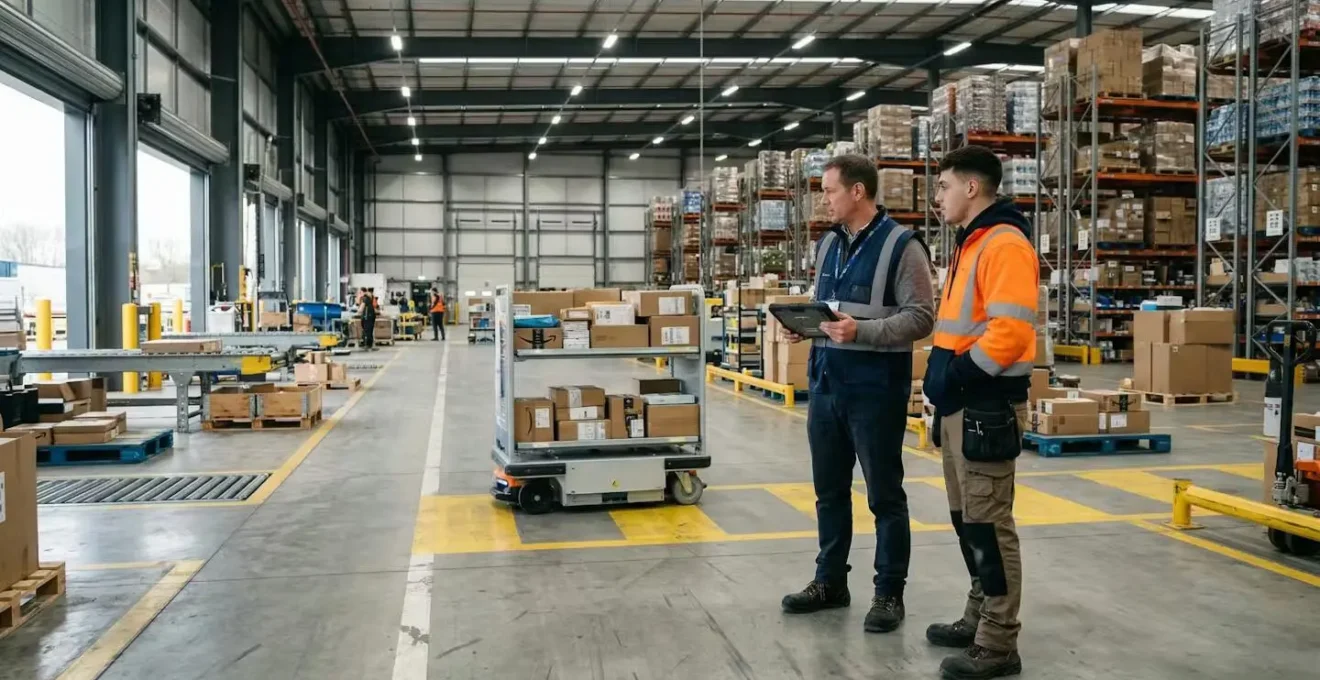 Responsable exploitation observant un chariot traverser une baie industrielle