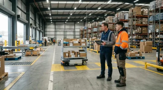 Responsable exploitation observant un chariot traverser une baie industrielle