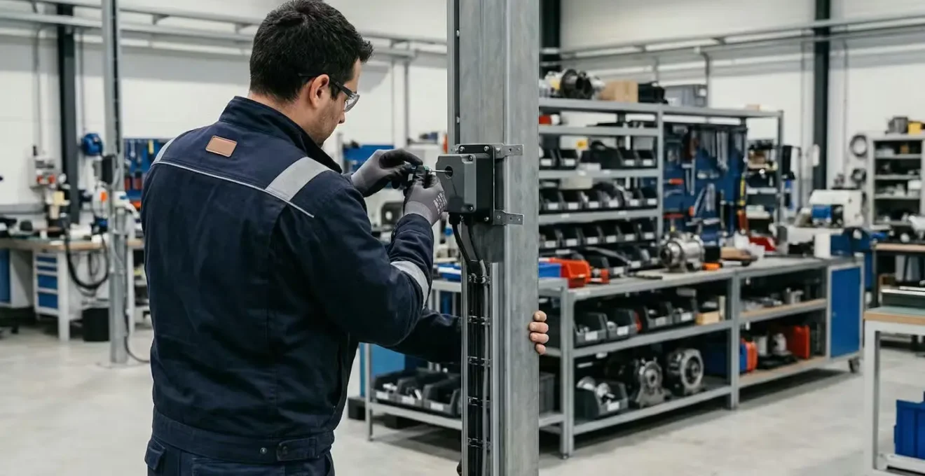 Technicien ajustant un capteur de détection sur un passage industriel