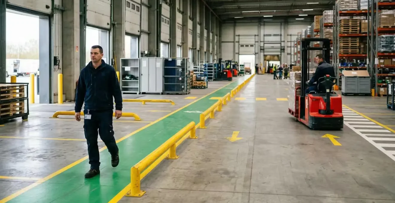 Opérateur sur couloir piéton pendant circulation chariot en zone quai