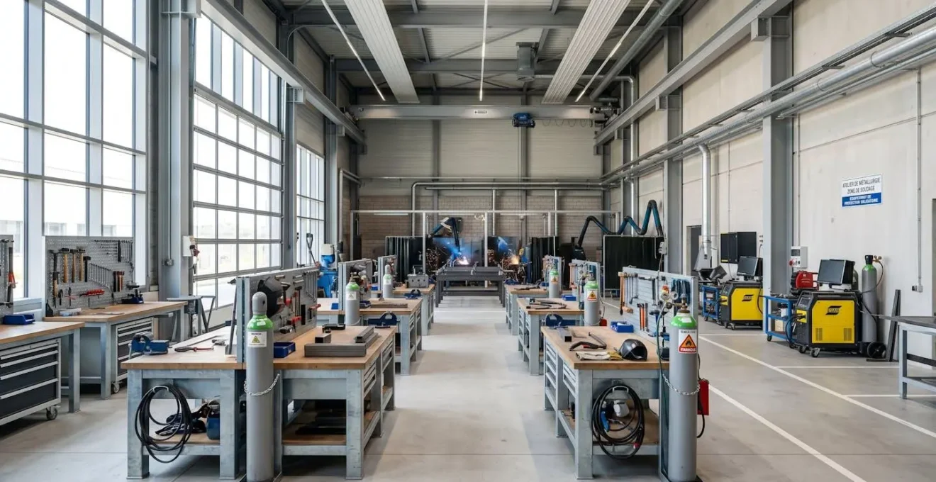 Vue grand angle d'un atelier de métallurgie contemporain, établis organisés avec équipements professionnels, grandes fenêtres laissant entrer la lumière naturelle, espace vide de personnes