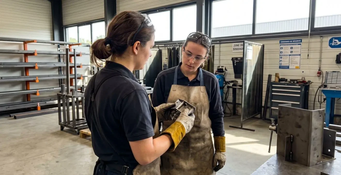 Deux soudeurs en tablier de protection échangent sur un composant métallique dans un atelier moderne, lumière naturelle abondante, environnement organisé