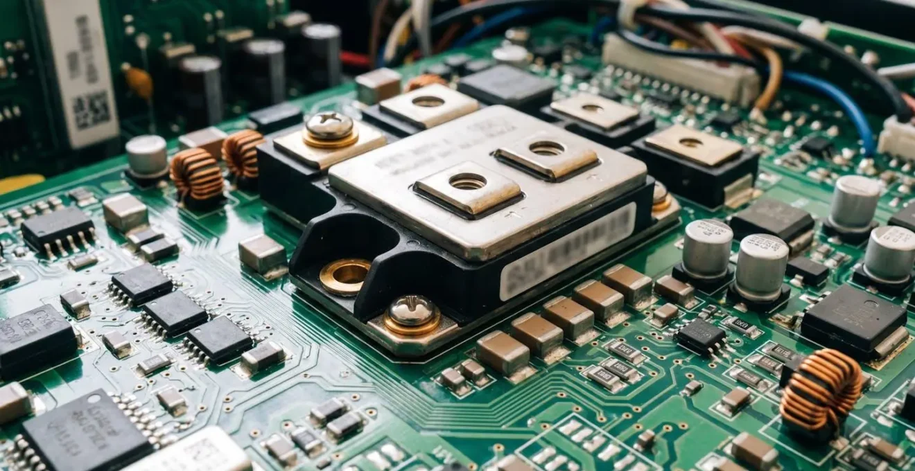 Gros plan extrême sur un module électronique IGBT monté sur circuit imprimé, composants visibles en détail, éclairage latéral naturel, fond flouté