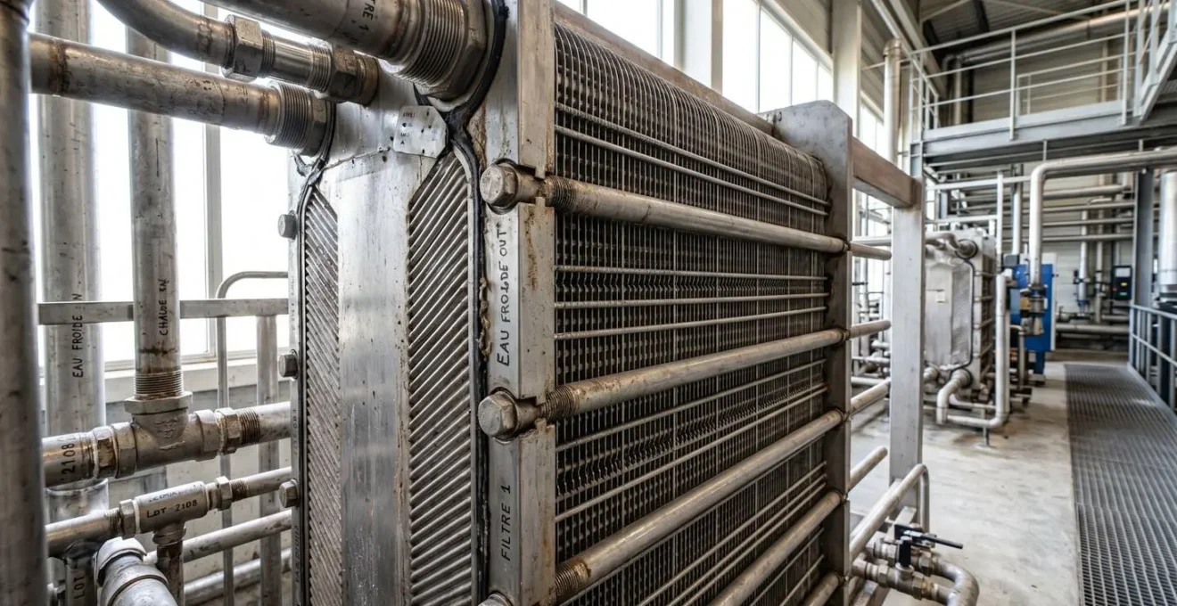Gros plan sur un échangeur thermique à plaques industriel montrant les ailettes métalliques et les raccordements de tuyauterie