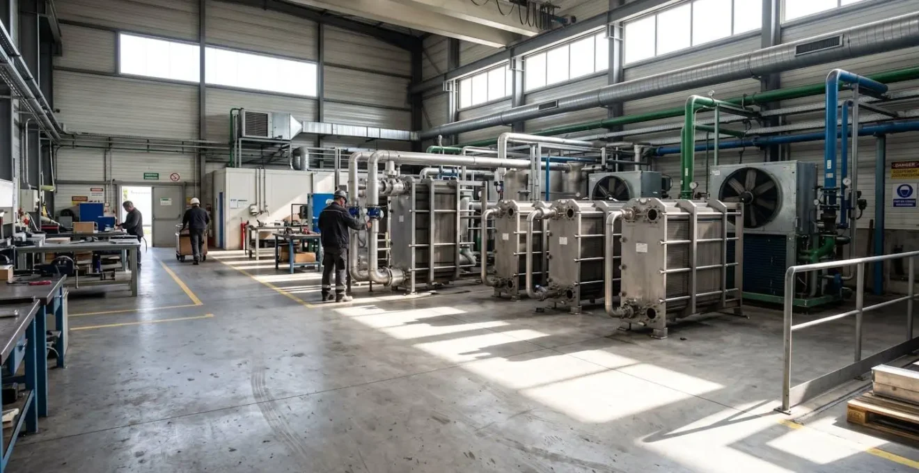 Hall de production industrielle avec échangeurs thermiques et équipements de refroidissement, éclairé par la lumière naturelle intense d'une journée d'été