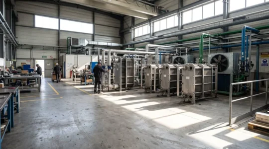 Hall de production industrielle avec échangeurs thermiques et équipements de refroidissement, éclairé par la lumière naturelle intense d'une journée d'été