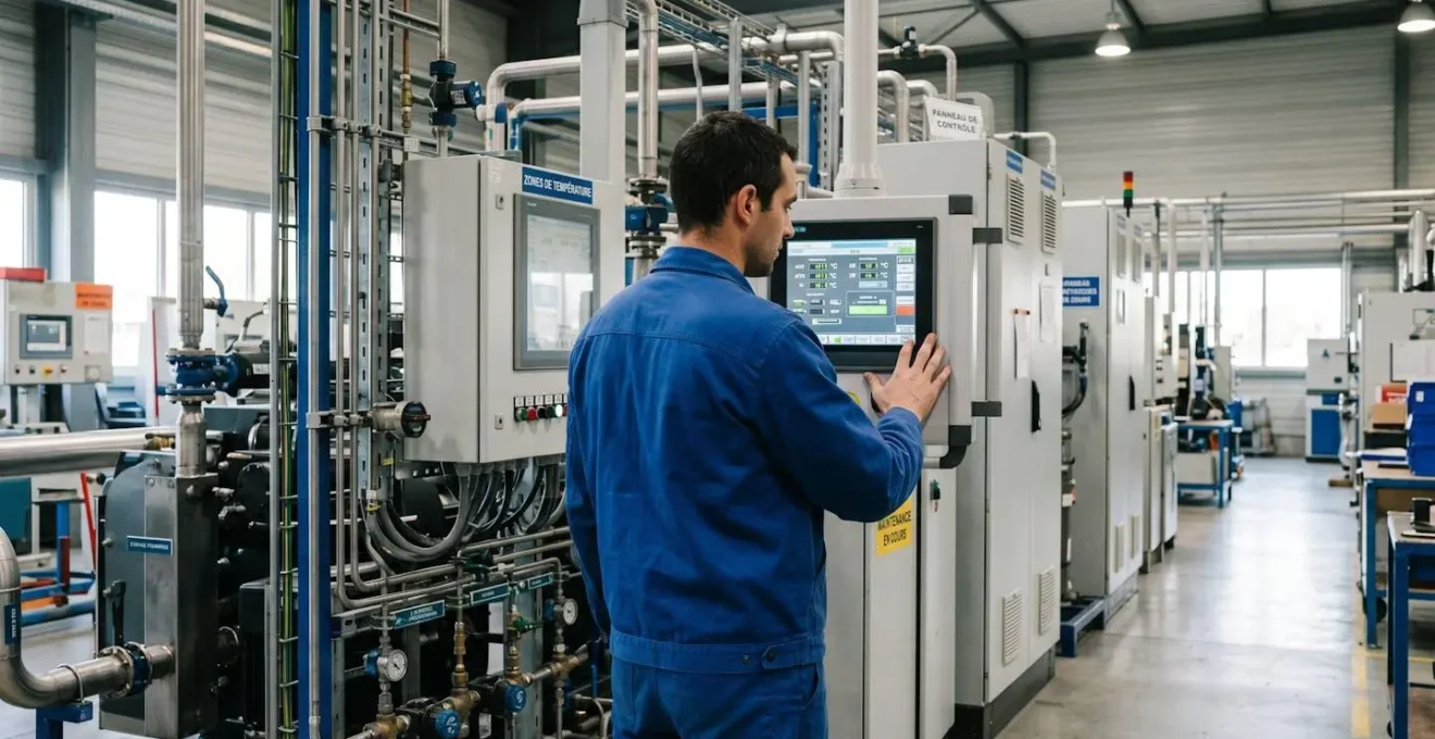 Technicien de maintenance de dos consultant un panneau de contrôle des températures sur un équipement industriel