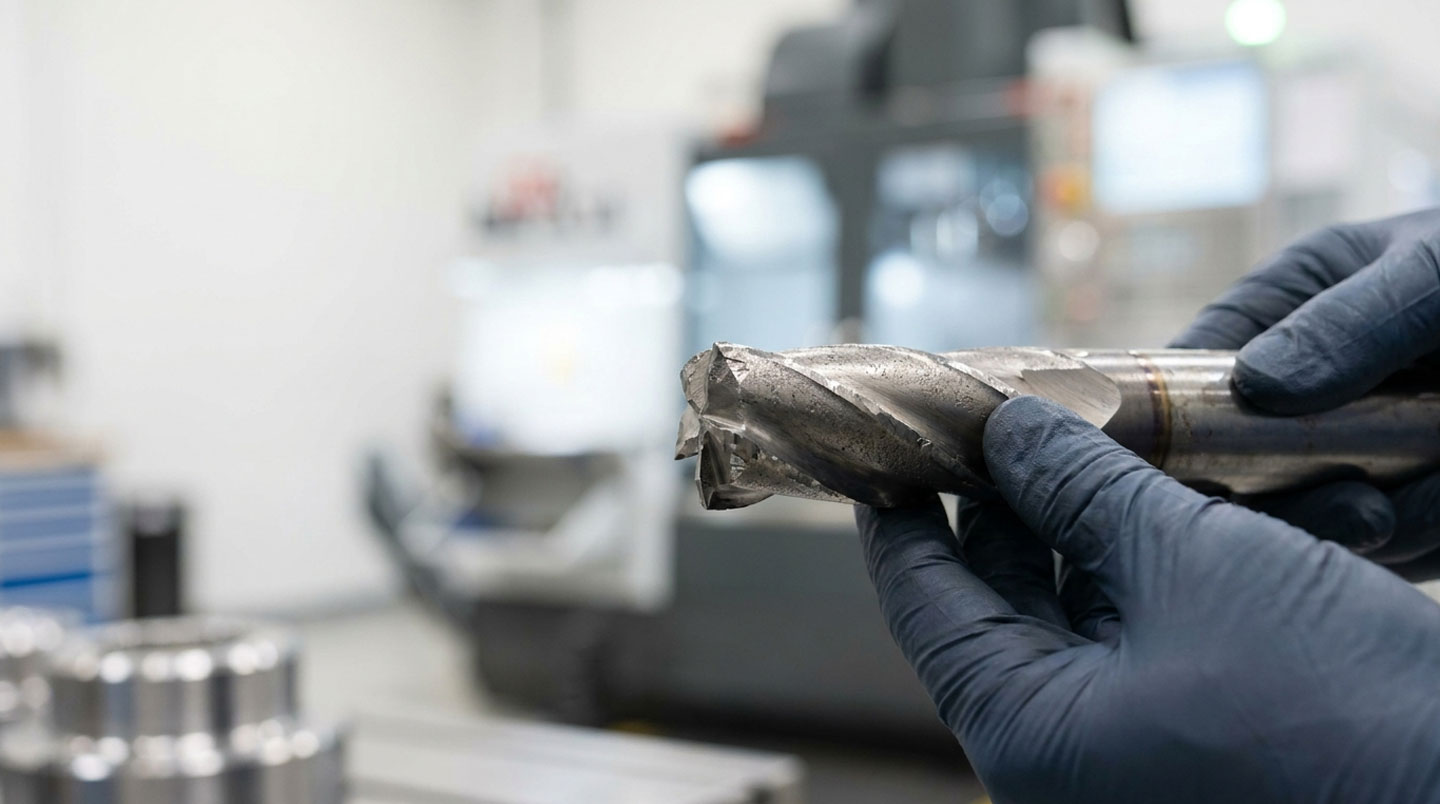 Main gantée de technicien inspectant l'usure d'une fraise carbure sous loupe d'atelier éclairée, avec outils de métrologie sur établi
