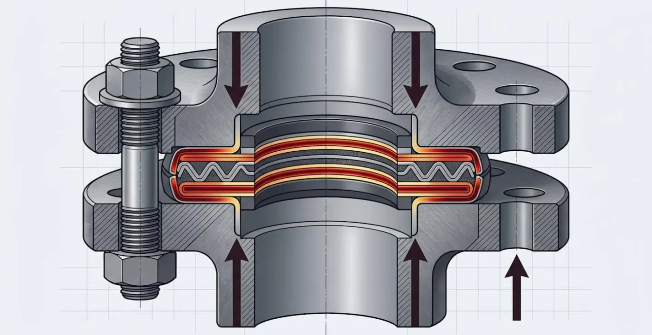 Vue en coupe d'un assemblage bride-joint spiralé montrant la répartition de la charge de compression sur les spires métalliques et le matériau d'insertion graphite