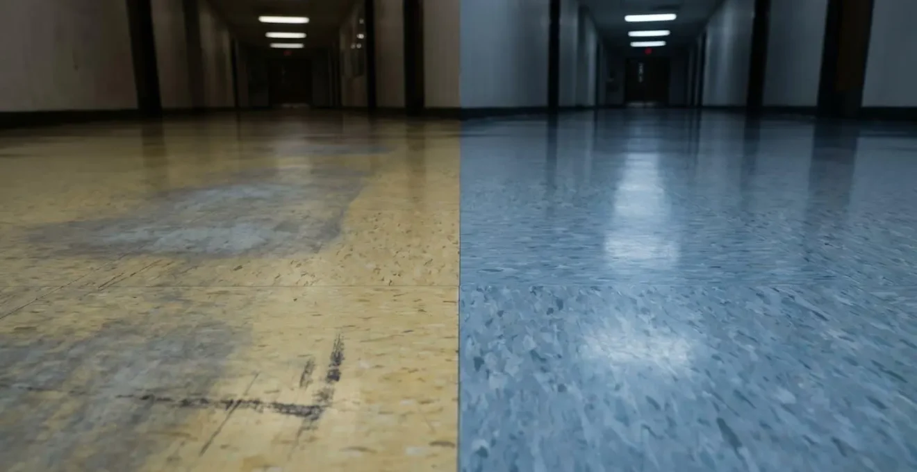 Plancher vinylique commercial avant et après décapage : contraste entre la zone ternie et la zone restaurée