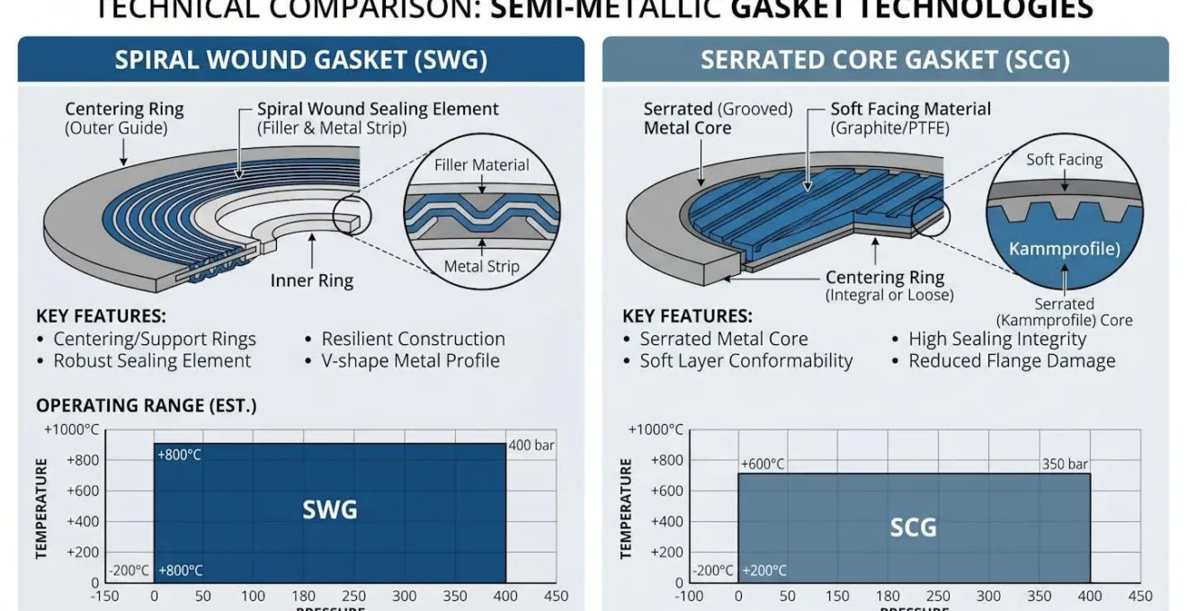 Diagramme comparatif des technologies de joints semi-métalliques spiralé et à âme striée avec indication des plages de température et de pression recommandées