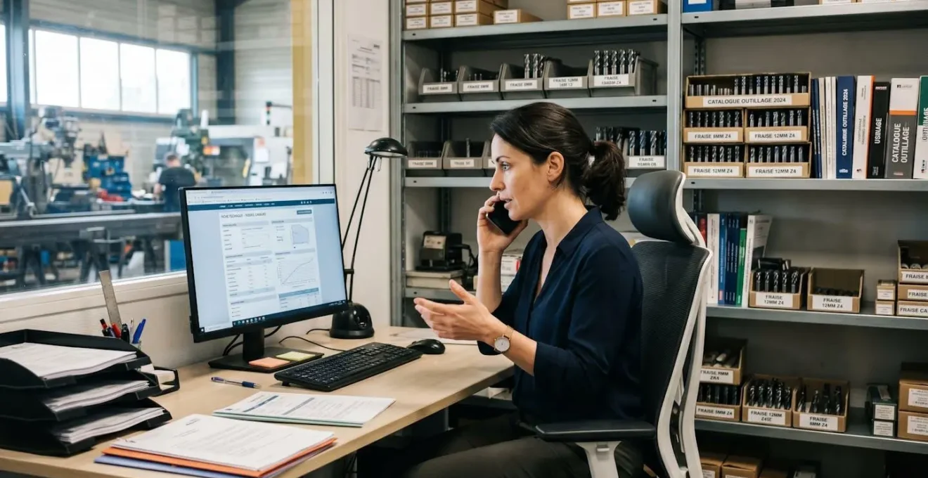 Conseillère technique au téléphone avec client dans bureau technique avec étagères de fraises carbure et documentation en arrière-plan
