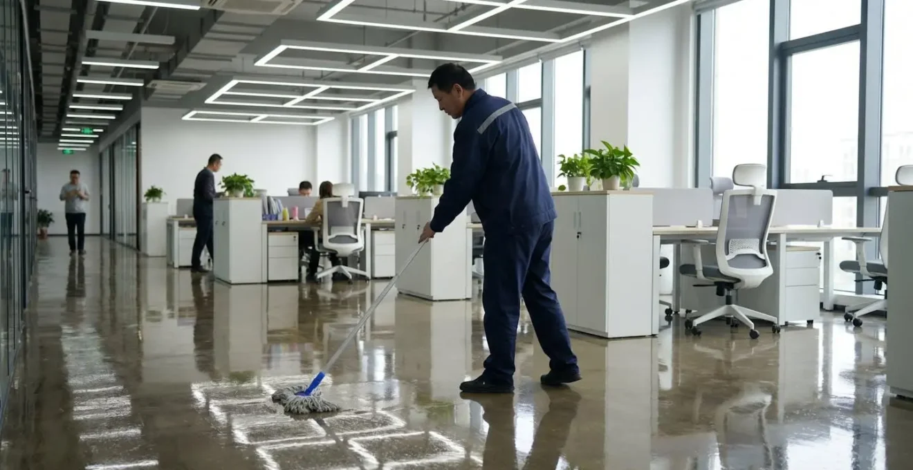 Agent d'entretien réalisant un balayage humide sur un plancher commercial brillant dans un bureau moderne