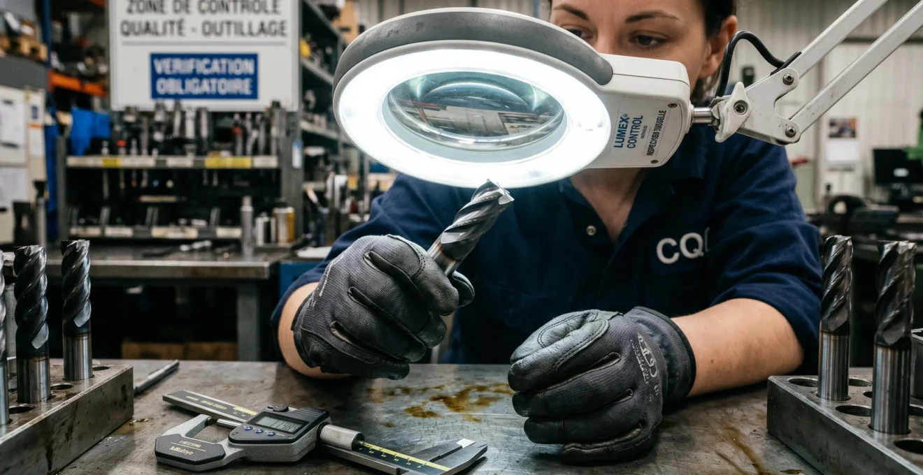 Main gantée de technicien inspectant l'usure d'une fraise carbure sous loupe d'atelier éclairée, avec outils de métrologie sur établi