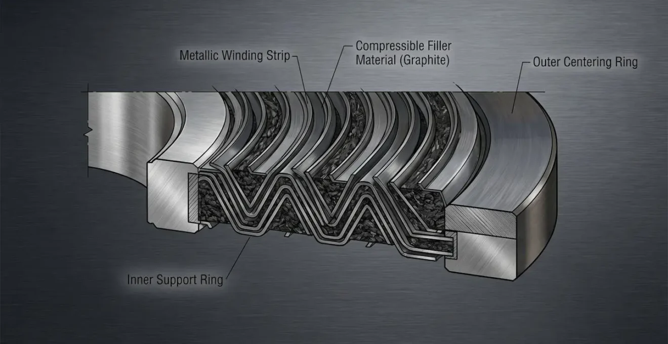 Représentation schématique d'un joint semi-métallique en coupe, montrant la structure métallique et le matériau d'insertion compressible sur fond technique industriel