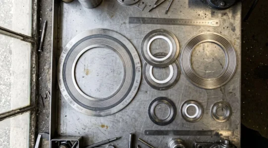 Représentation schématique d'un joint semi-métallique en coupe, montrant la structure métallique et le matériau d'insertion compressible sur fond technique industriel