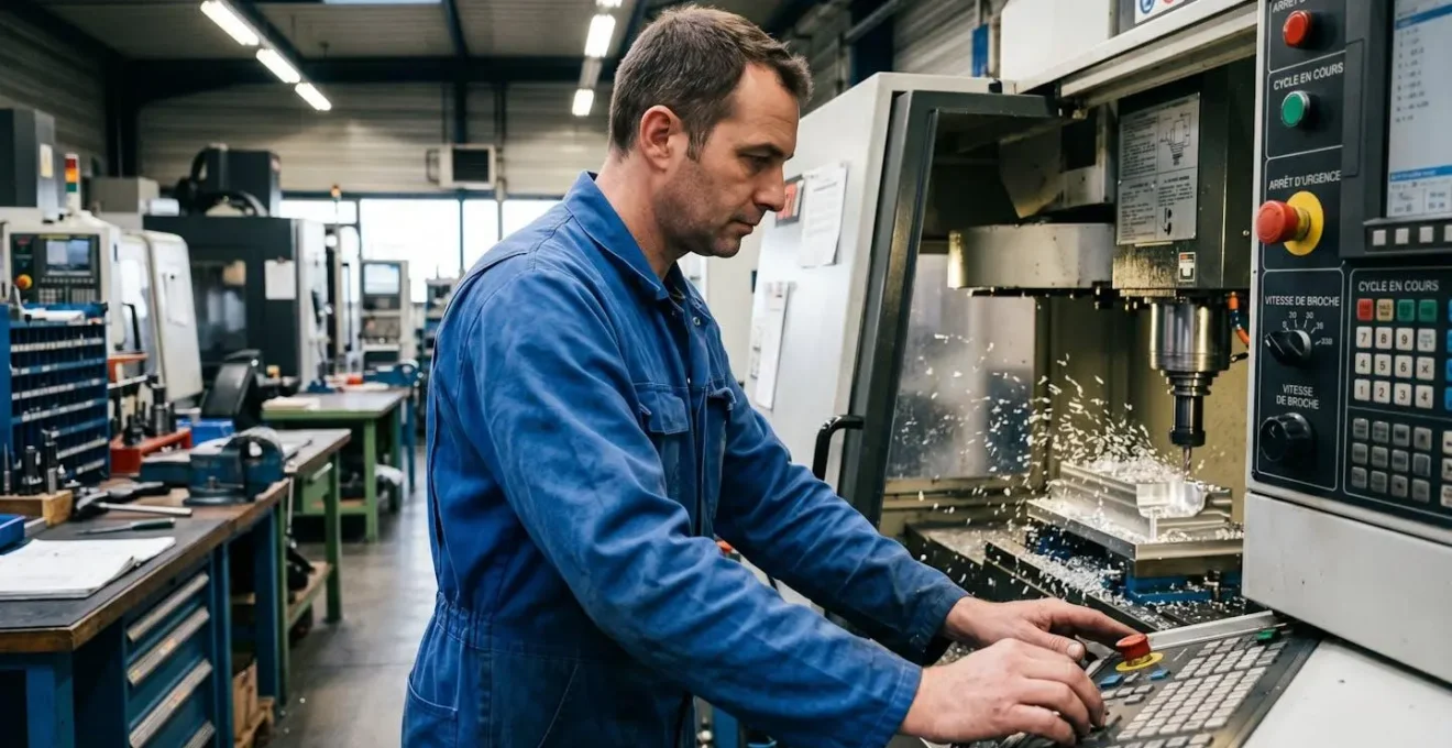 Opérateur d'usinage surveillant une opération de fraisage sur aluminium avec machine CNC, copeaux métalliques longs en évacuation visible