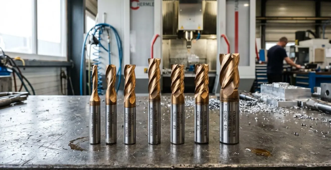 Série de fraises carbure micro-grains professionnelles avec revêtement TiAlN doré disposées sur établi d'atelier d'usinage, machine CNC visible en arrière-plan