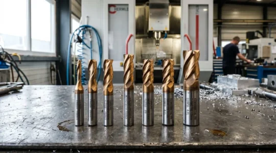 Série de fraises carbure micro-grains professionnelles avec revêtement TiAlN doré disposées sur établi d'atelier d'usinage, machine CNC visible en arrière-plan