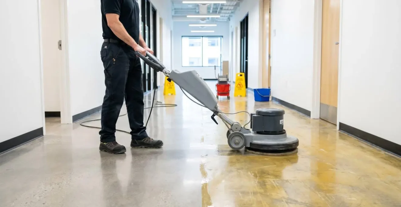 Technicien professionnel effectuant le décapage d'un plancher commercial avec une machine rotative