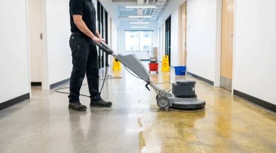 Technicien professionnel effectuant le décapage d'un plancher commercial avec une machine rotative