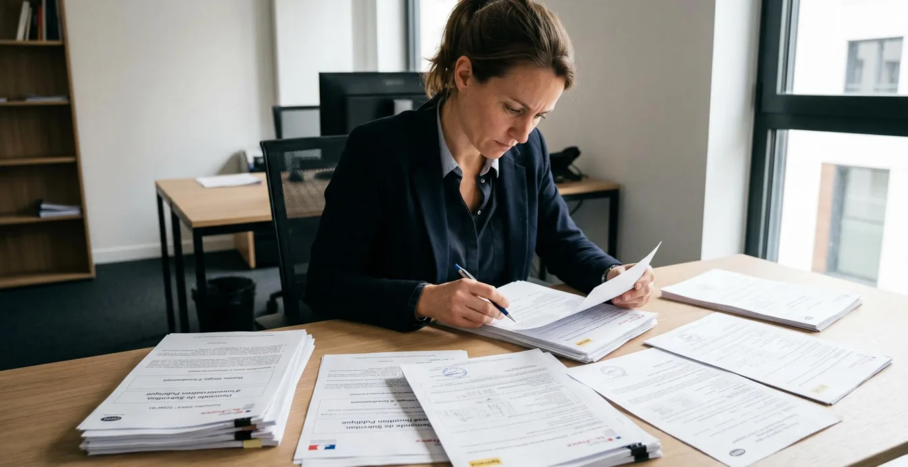 Dirigeant d'entreprise analysant des documents complexes de demandes de subventions publiques sur son bureau, avec plusieurs formulaires officiels français