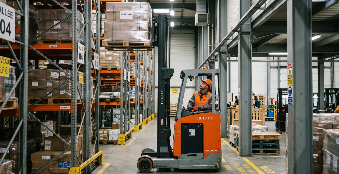 Opérateur en gilet de sécurité conduisant un chariot rétractable compact dans une allée étroite d'entrepôt industriel, fourches levées saisissant une palette en hauteur entre des racks de stockage denses