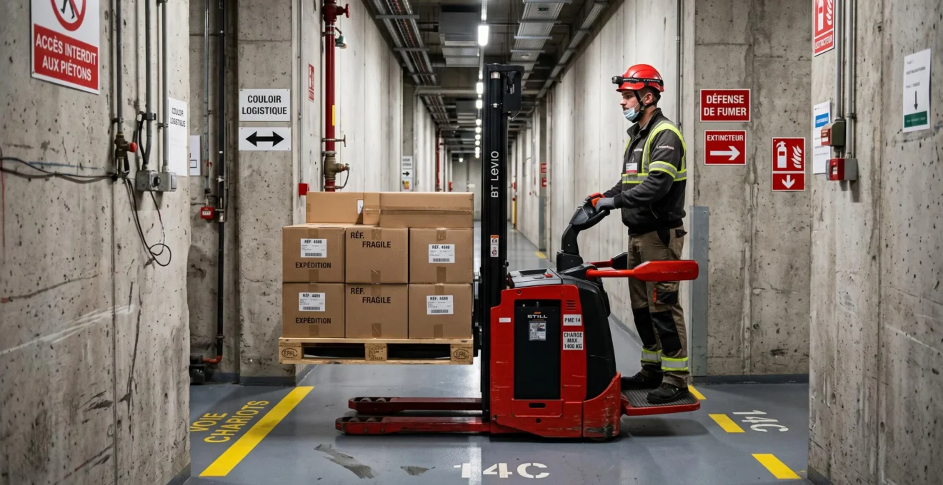 Opérateur debout sur un gerbeur électrique autoporté rouge transportant une palette dans un couloir logistique étroit avec murs en béton de chaque côté