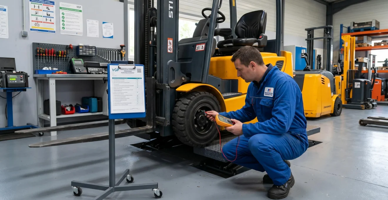Technicien en bleu de travail inspectant le train de roulement d'un chariot élévateur compact jaune dans un atelier de maintenance professionnel avec clipboard VGP à proximité