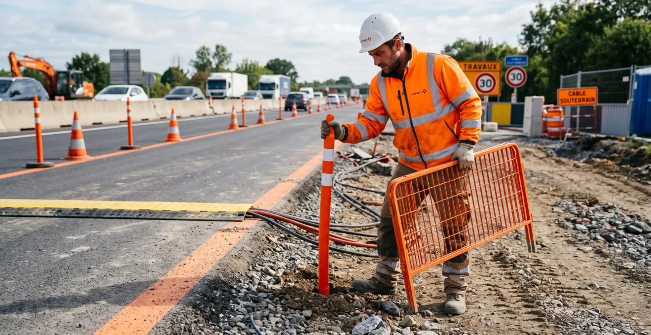 Un agent de chantier positionne une barrière de balisage orange autour de la zone de passage des câbles.