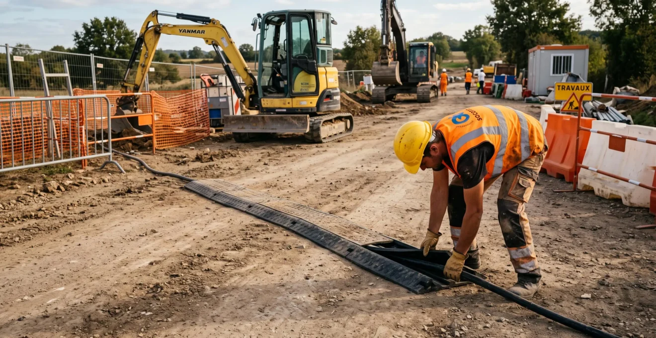 Un ouvrier installe une protection renforcée autour d'un câble traversant une voie de circulation de chantier.