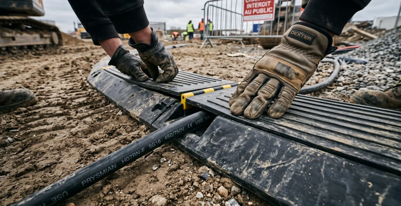 Des mains gantées referment un canal renforcé en caoutchouc contenant un câble électrique au sol.