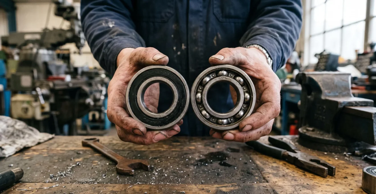 Un technicien compare un roulement à billes étanche et un roulement ouvert sur un établi.