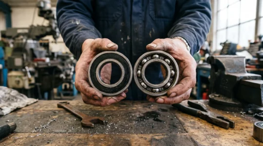 Un technicien compare un roulement à billes étanche et un roulement ouvert sur un établi.
