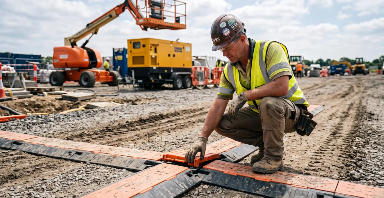 Un chef de chantier accroupi vérifie la conformité d'un passage de câbles sur une voie stabilisée.